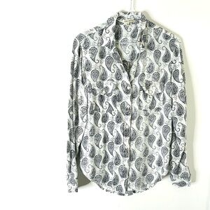 Rag Poets Paisley Button Down Blouse Long Sleeve Boho Top White Black
